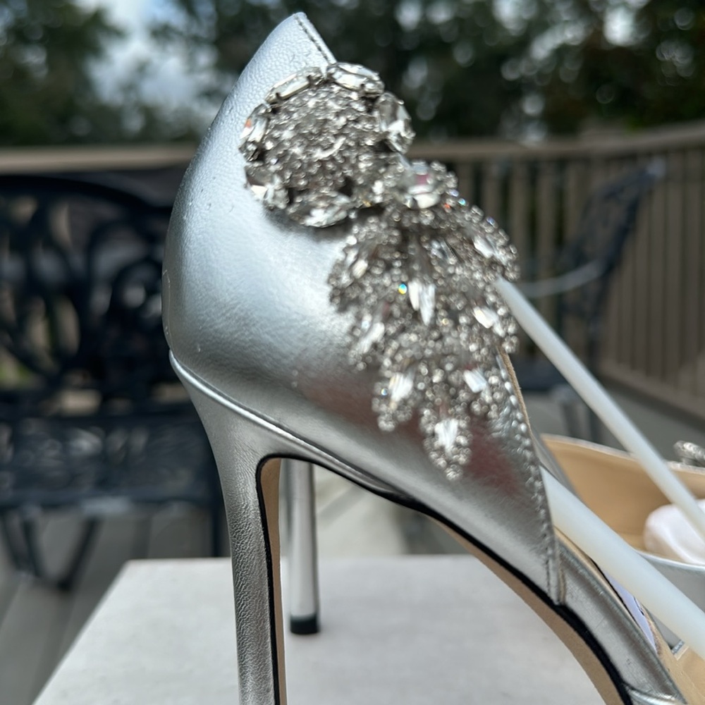 Jimmy Choo Silver Leather Teja Embellished Heels - Picture 6 of 12